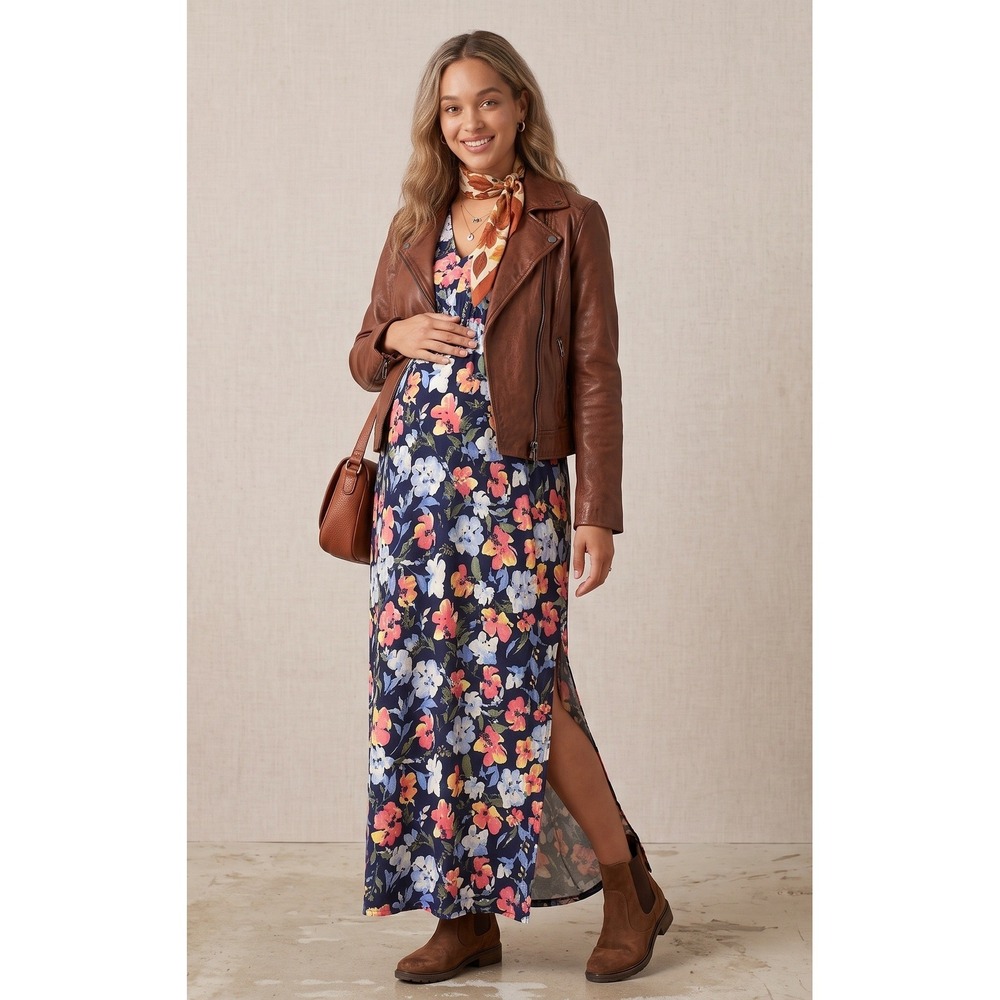 Motherhood Maternity Maxi Dress Womens Small Navy Floral Excellent Empire Waist